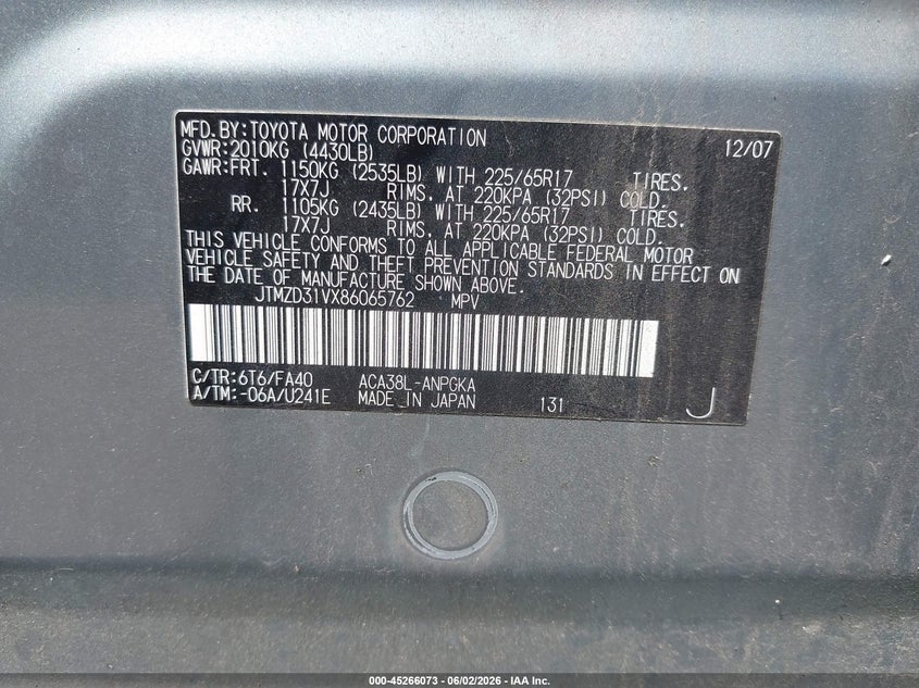 2008 Toyota Rav4 VIN JTMZD31VX86065762 IAAI salvage auction — NORMAL WEAR, Regular Certificate (Iowa), sold $1,250 on 2026-07-20 (photo 9)