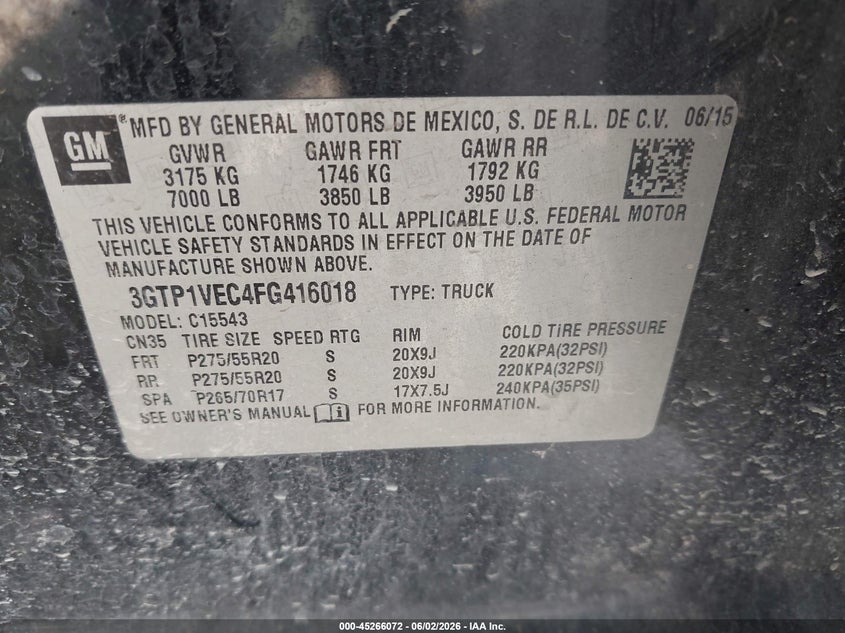 2015 Gmc SIERRA VIN 3GTP1VEC4FG416018 IAAI salvage auction — LEFT SIDE, Salvage Title, sold $4,450 on 2026-07-27 (photo 9)