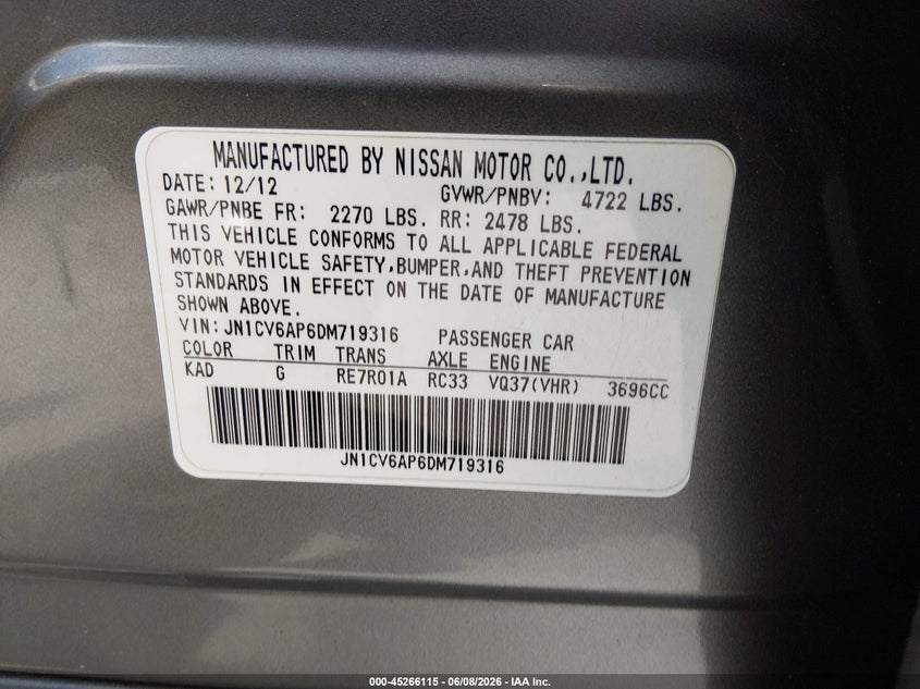 2013 Infiniti G VIN JN1CV6AP6DM719316 IAAI salvage auction — LEFT FRONT, Salvage Title, sold $925 on 2026-08-20 (photo 9)