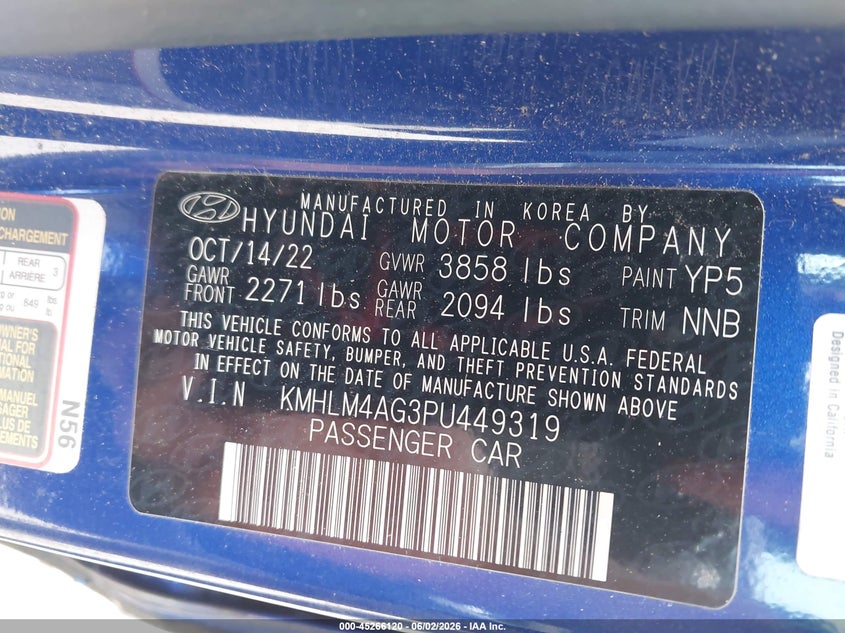 2023 Hyundai Elantra VIN KMHLM4AG3PU449319 IAAI salvage auction — SIDE, Salvage Title, sold $25 on 2026-07-22 (photo 9)