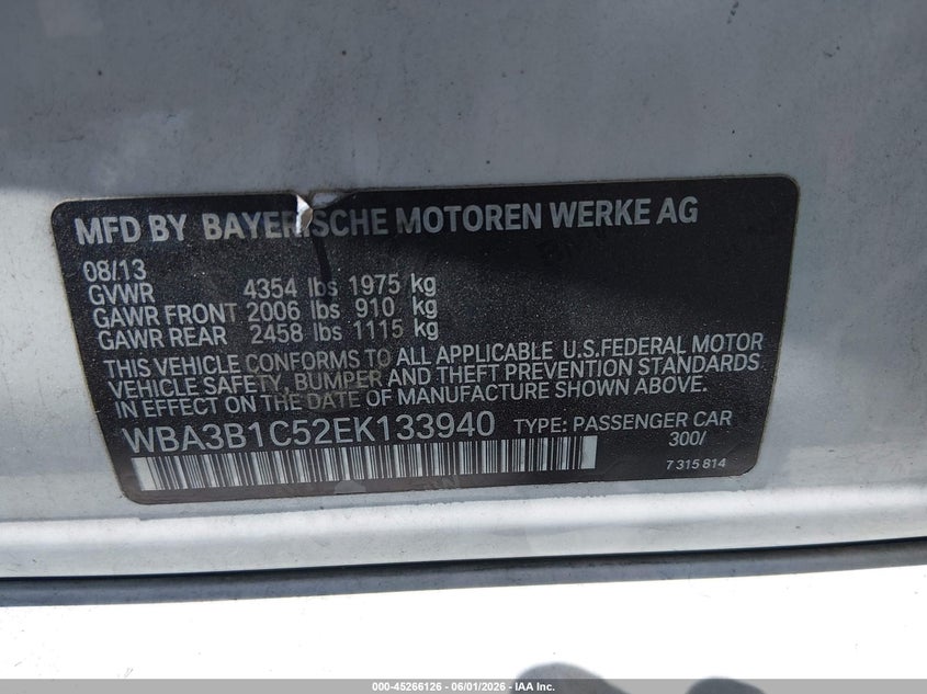 2014 BMW 3er VIN WBA3B1C52EK133940 IAAI salvage auction — LEFT SIDE, Salvage Title, sold $1,500 on 2026-08-07 (photo 9)