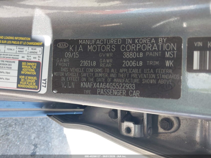 2016 Kia Forte VIN KNAFX4A60G5567545 IAAI salvage auction — ROLLOVER, Salvage Title, sold $250 on 2026-07-07 (photo 9)