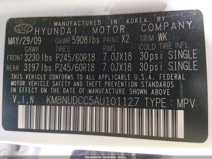 2010 Hyundai Veracruz VIN KM8NUDCC5AU101127 IAAI salvage auction — FRONT END, Bill Of Sale (Alaska), sold $25 on 2026-07-17 (photo 9)
