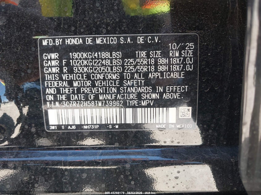 2026 Honda Hr-v VIN 3CZRZ2H58TM739962 IAAI salvage auction — RIGHT FRONT, Clear Claim Paid (Wisconsin), sold $12,000 on 2026-07-28 (photo 9)