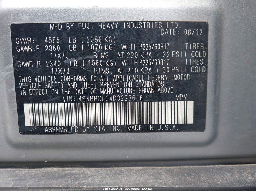 2013 Subaru Outback VIN 4S4BRCLC4D3223616 IAAI salvage auction — NORMAL WEAR, Certificate Of Title (Nebraska), sold $1,575 on 2026-07-09 (photo 9)