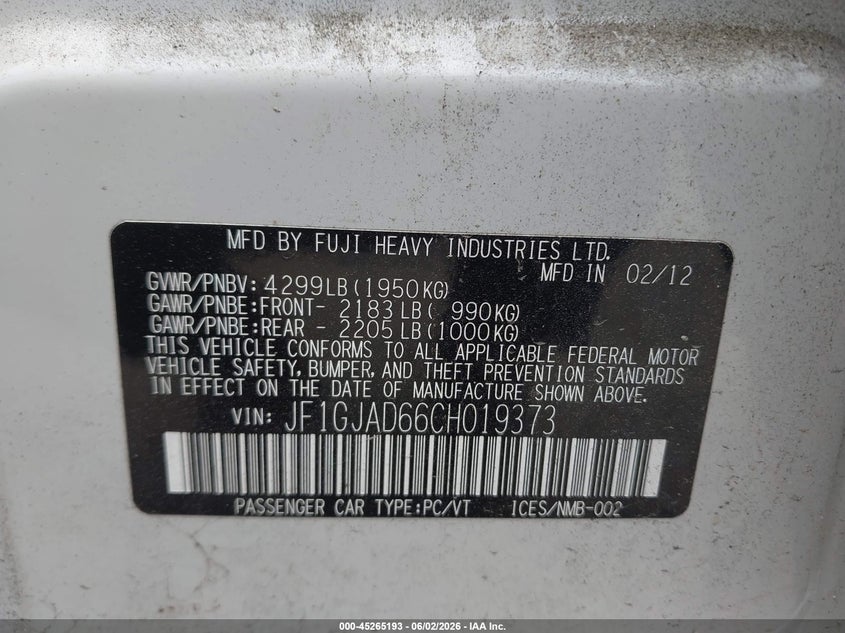 2012 Subaru Impreza VIN JF1GJAD66CH019373 IAAI salvage auction — RIGHT SIDE, Salvage Title, sold $600 on 2026-07-13 (photo 9)