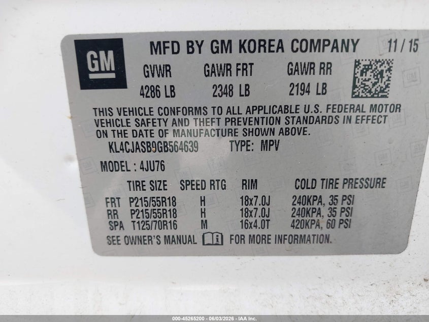 2016 Buick Encore VIN KL4CJASB9GB564639 IAAI salvage auction — HAIL, Original (Texas), sold $1,775 on 2026-07-15 (photo 9)