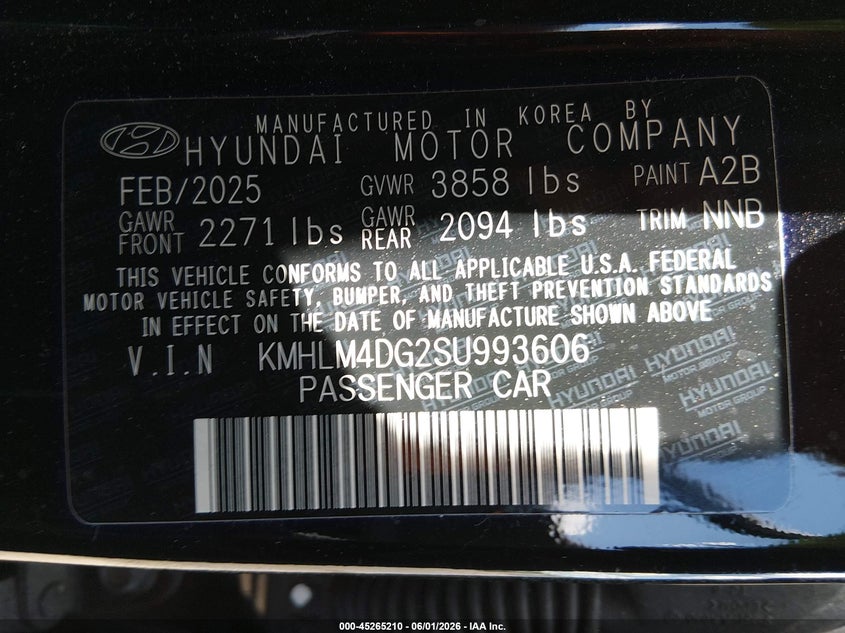 2025 Hyundai Elantra VIN KMHLM4DG2SU993606 IAAI salvage auction — FRONT END, Salvage Title, sold $3,100 on 2026-07-31 (photo 9)