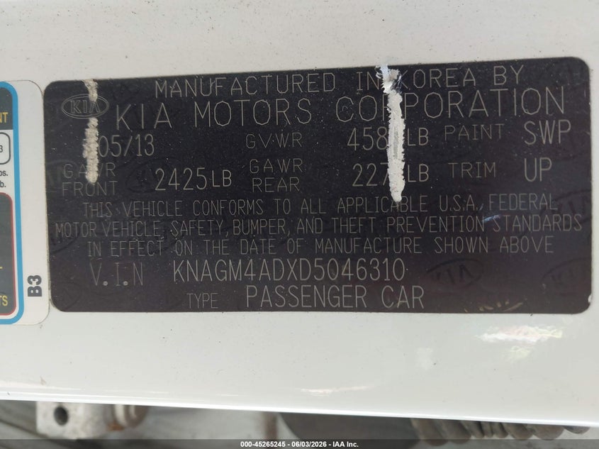 2013 Kia Optima VIN KNAGM4ADXD5046310 IAAI salvage auction — REAR END, Prior Salvage (Minnesota), sold $25 on 2026-07-29 (photo 9)