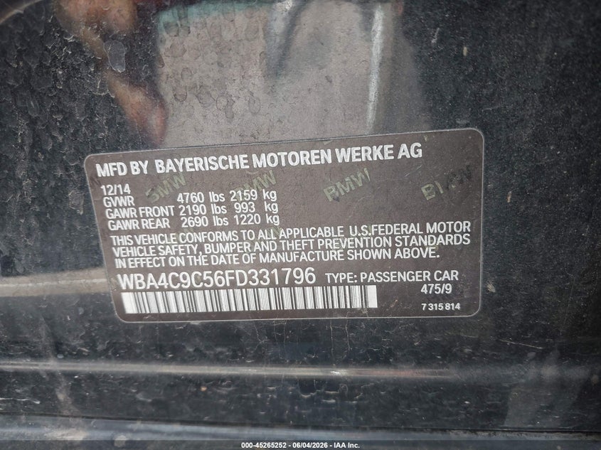 2015 BMW 4er VIN WBA4C9C56FD331796 IAAI salvage auction — REAR END, Salvage Title, sold $2,100 on 2026-09-10 (photo 9)
