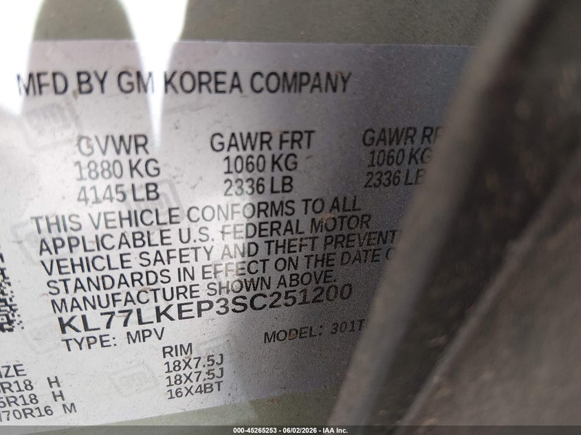 2025 Chevrolet Trax VIN KL77LKEP3SC251200 IAAI salvage auction — FRONT END, Salvage (Alabama), sold $7,300 on 2026-07-17 (photo 9)