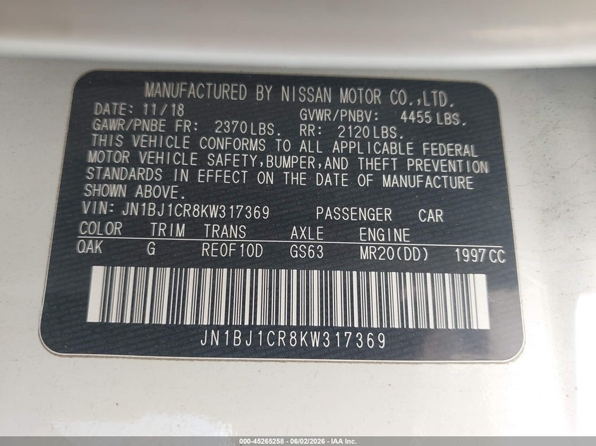 2019 Nissan Rogue VIN JN1BJ1CR8KW317369 IAAI salvage auction — RIGHT REAR, Salvage Title, sold $1,300 on 2026-07-09 (photo 9)