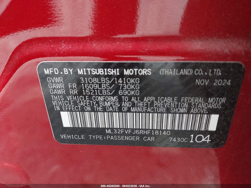 2024 Mitsubishi Mirage VIN ML32FVFJ6RHF18140 IAAI salvage auction — FRONT END, Salvage Title, sold $4,100 on 2026-07-14 (photo 9)