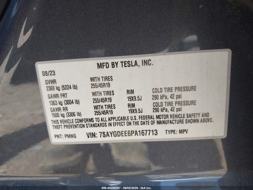 2023 Tesla Model y VIN 7SAYGDEE6PA167713 IAAI salvage auction — FRONT & REAR, Salvage Title, sold $8,600 on 2026-07-31 (photo 9)