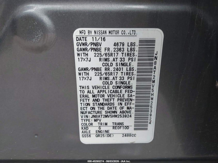 2017 Nissan Rogue VIN JN8AT2MV5HW253924 IAAI salvage auction — HAIL, Salvage Title, sold $2,850 on 2026-07-10 (photo 9)