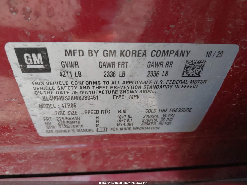 2021 Buick Encore gx VIN KL4MMBS20MB083451 IAAI salvage auction — FRONT END, Salvage Title, sold $2,150 on 2026-07-07 (photo 9)