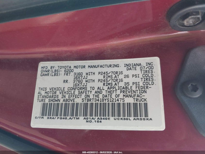 2000 Toyota Tundra VIN 5TBRT3418YS121475 IAAI salvage auction — FRONT END, Original (Texas), sold $1,450 on 2026-07-26 (photo 9)