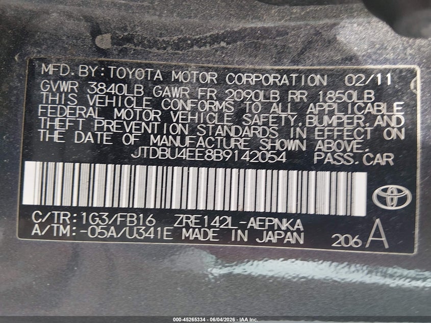 2011 Toyota Corolla VIN JTDBU4EE8B9142054 IAAI salvage auction — NORMAL WEAR, Clear (Missouri), sold $1,400 on 2026-07-07 (photo 9)