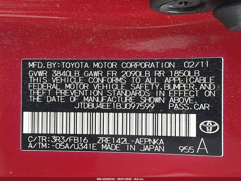 2011 Toyota Corolla VIN JTDBU4EE1BJ097599 IAAI salvage auction — LEFT FRONT, Salvage (Georgia), sold $2,750 on 2026-07-08 (photo 9)