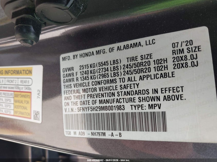 2021 Honda Pilot VIN 5FNYF5H29MB001983 IAAI salvage auction — LEFT REAR, Salvage Title, sold $8,500 on 2026-07-23 (photo 9)