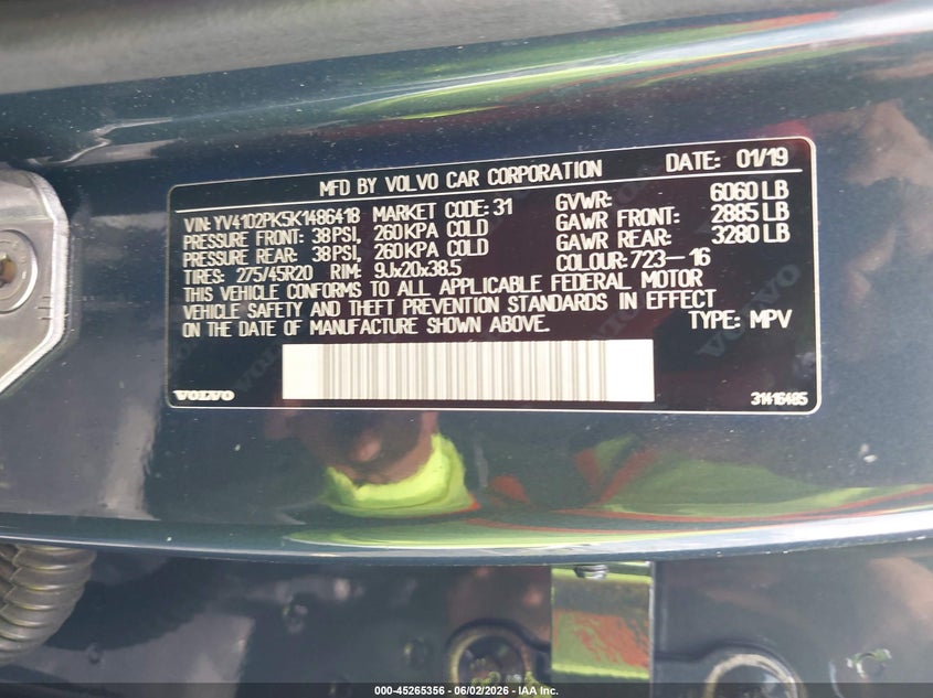 2019 Volvo Xc90 VIN YV4102PK5K1486418 IAAI salvage auction — LEFT SIDE, Salvage Title, sold $6,400 on 2026-08-21 (photo 9)