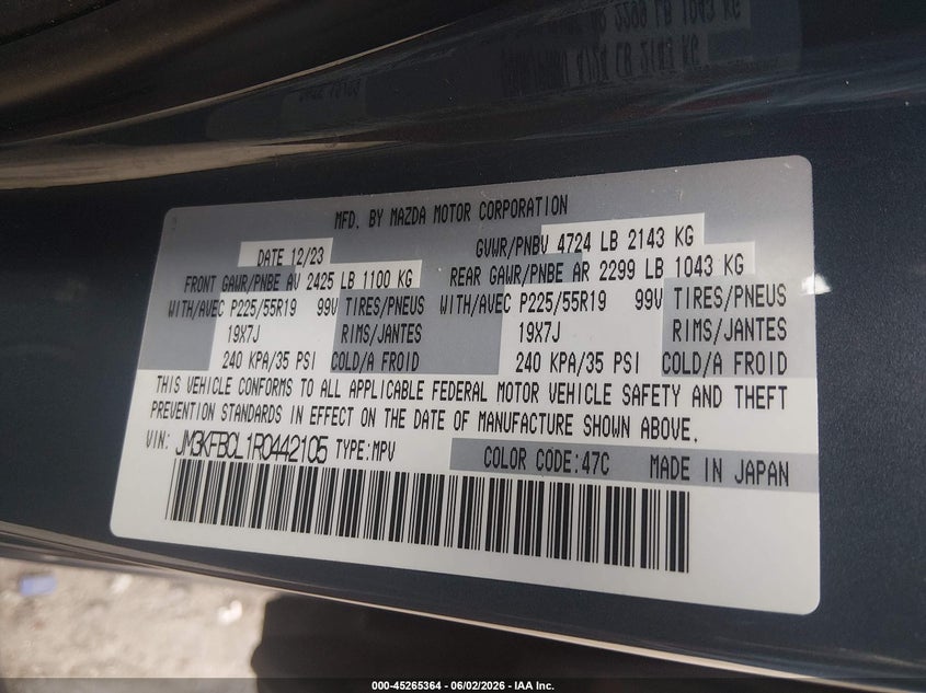 2024 Mazda Cx-5 VIN JM3KFBCL1R0442105 IAAI salvage auction — FRONT END, Salvage Title, sold $5,400 on 2026-07-13 (photo 9)