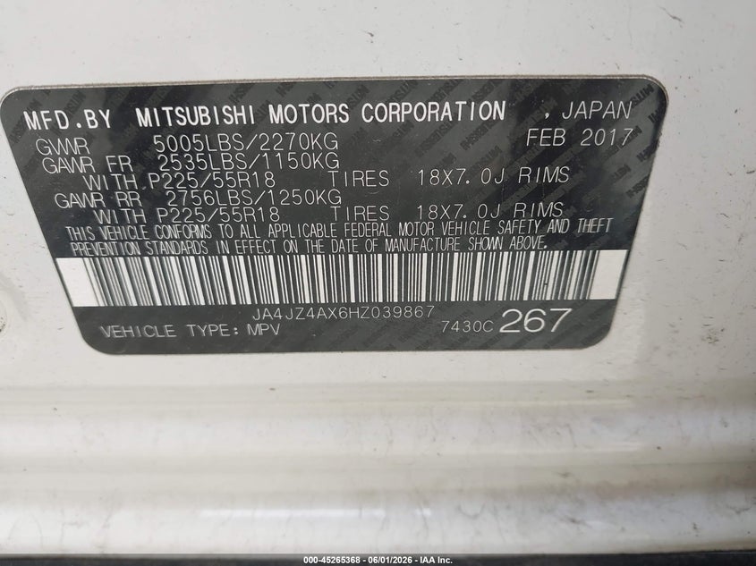 2017 Mitsubishi Outlander VIN JA4JZ4AX6HZ039867 IAAI salvage auction — REAR END, Salvage (Illinois), sold $2,900 on 2026-07-28 (photo 9)