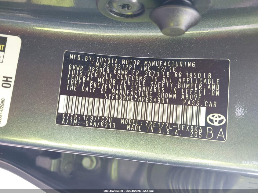 2017 Toyota Corolla VIN 5YFBURHE7HP624901 IAAI salvage auction — RIGHT SIDE, Salvage Title, sold $4,150 on 2026-07-16 (photo 9)