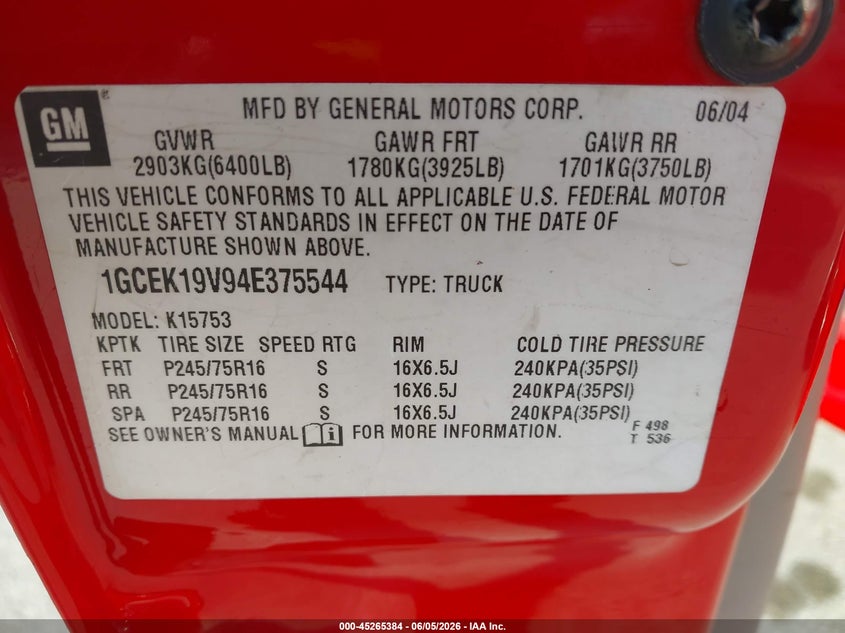 2004 Chevrolet Silverado 1500 VIN 1GCEK19V94E375544 IAAI salvage auction — REAR END, Salvage (Kentucky), sold $850 on 2026-07-09 (photo 9)
