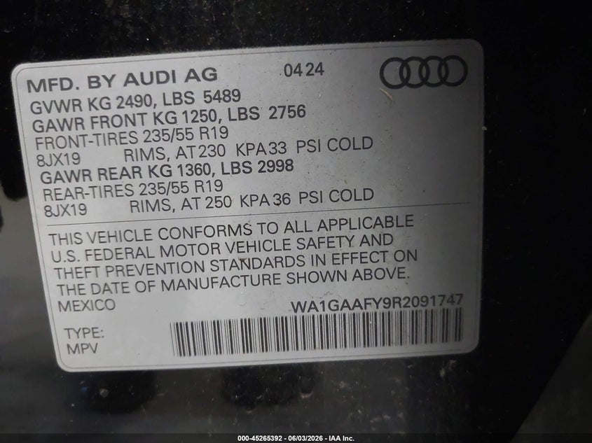 2024 Audi Q5 VIN WA1GAAFY9R2091747 IAAI salvage auction — LEFT FRONT, Mv-907A (New York), sold $25 on 2026-07-29 (photo 9)