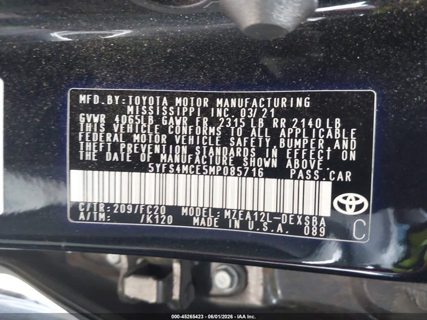 2021 Toyota Corolla VIN 5YFS4MCE5MP085716 IAAI salvage auction — FRONT END, Salvage Title, sold $4,250 on 2026-07-27 (photo 9)