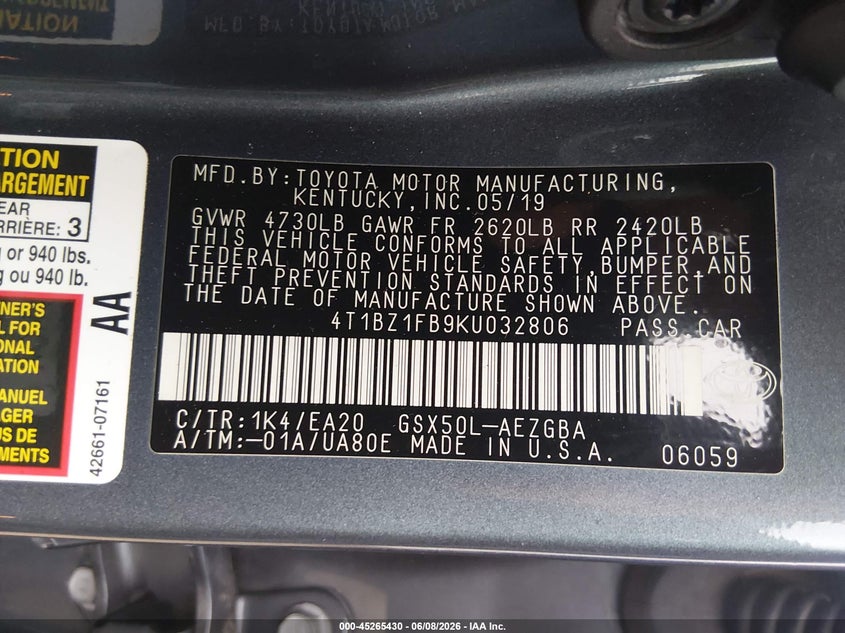 2019 Toyota Avalon VIN 4T1BZ1FB9KU032806 IAAI salvage auction — HAIL, Salvage Title, sold $8,400 on 2026-07-31 (photo 9)