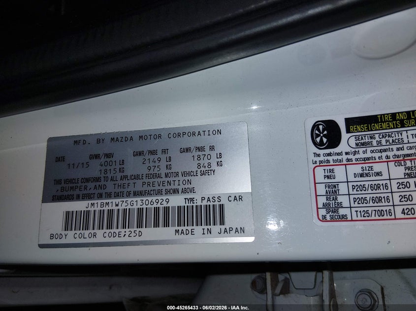 2016 Mazda 3 VIN JM1BM1W75G1306929 IAAI salvage auction — FRONT END, Salvage (Oregon), sold $1,950 on 2026-07-30 (photo 9)