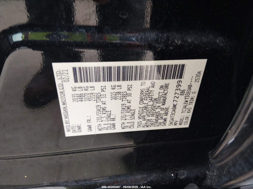 2021 Nissan Rogue VIN 5N1AT3CA6MC727399 IAAI salvage auction — LEFT REAR, Salvage Title, sold $50 on 2026-07-29 (photo 9)