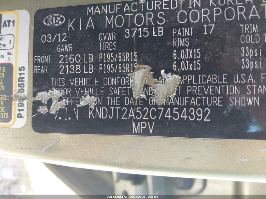 2012 Kia Soul VIN KNDJT2A52C7454392 IAAI salvage auction — LEFT FRONT, Salvage Title, sold $300 on 2026-07-23 (photo 9)