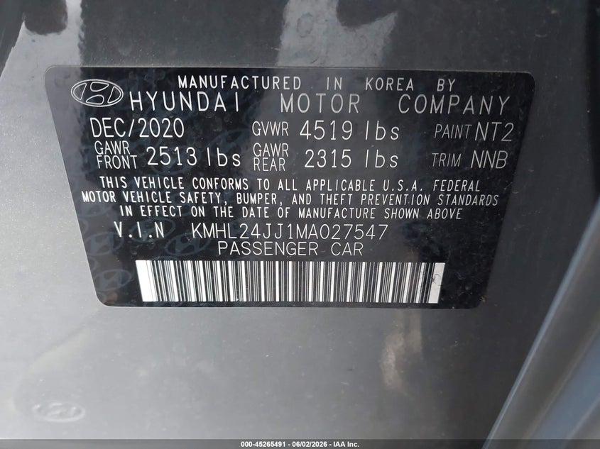 2021 Hyundai Sonata VIN KMHL24JJ1MA027547 IAAI salvage auction — FRONT END, Salvage (California), sold $3,000 on 2026-07-30 (photo 9)