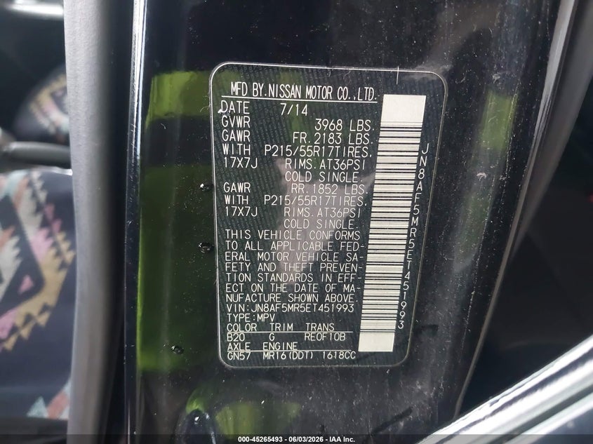 2014 Nissan Juke VIN JN8AF5MR5ET451993 IAAI salvage auction — RIGHT SIDE, Salvage Title, sold $400 on 2026-07-10 (photo 9)