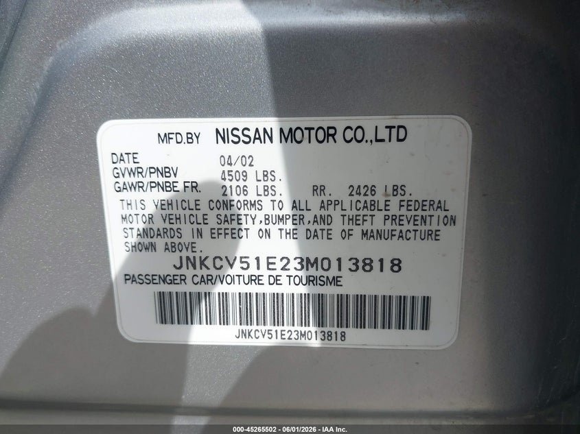 2003 Infiniti G35 VIN JNKCV51E23M013818 IAAI salvage auction — NORMAL WEAR, Clear (Arizona), sold $350 on 2026-07-09 (photo 9)
