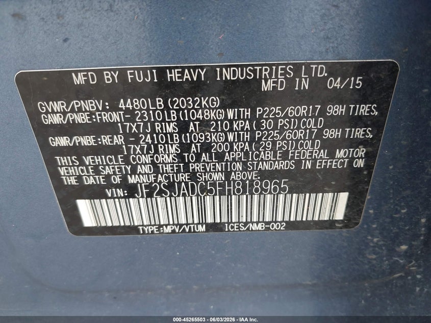2015 Subaru Forester VIN JF2SJADC5FH818965 IAAI salvage auction — RIGHT FRONT, Salvage Title, sold $2,050 on 2026-07-16 (photo 9)