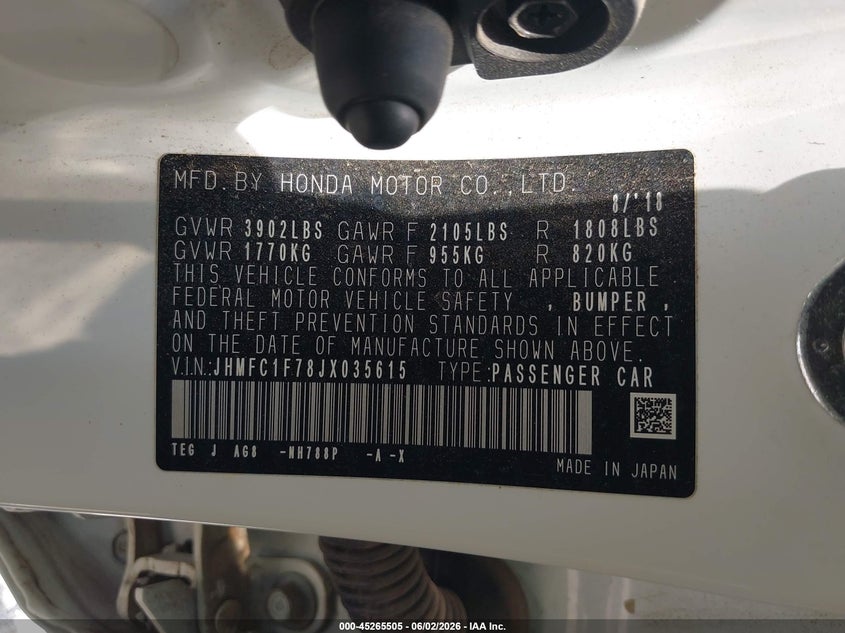 2018 Honda Civic VIN JHMFC1F78JX035615 IAAI salvage auction — FRONT END, Salvage Title, sold $25 on 2026-07-27 (photo 9)