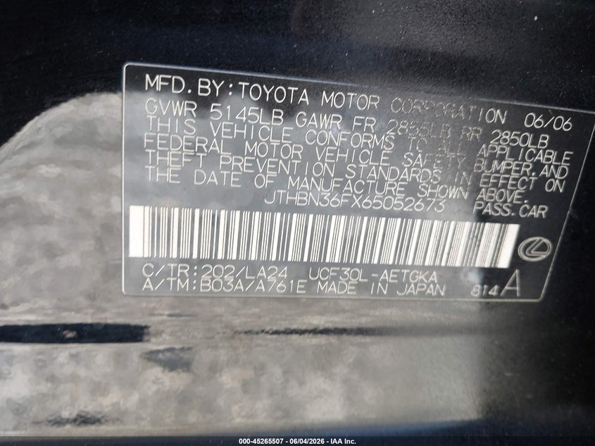 2006 Lexus Ls 430 VIN JTHBN36FX65052673 IAAI salvage auction — LEFT REAR, Salvage (Georgia), sold $450 on 2026-07-29 (photo 9)