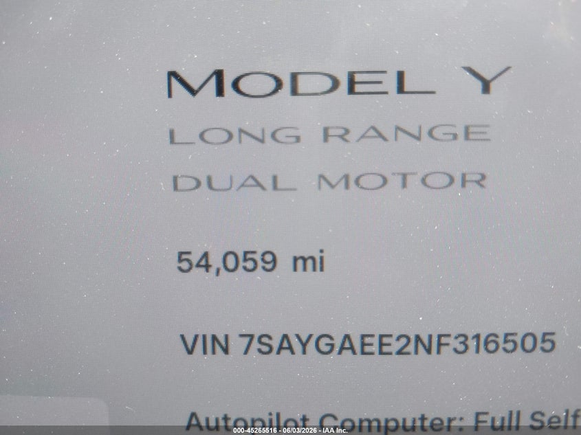 2022 Tesla Model y VIN 7SAYGAEE2NF316505 IAAI salvage auction — REAR END, Salvage Title, sold $10,700 on 2026-08-28 (photo 7)