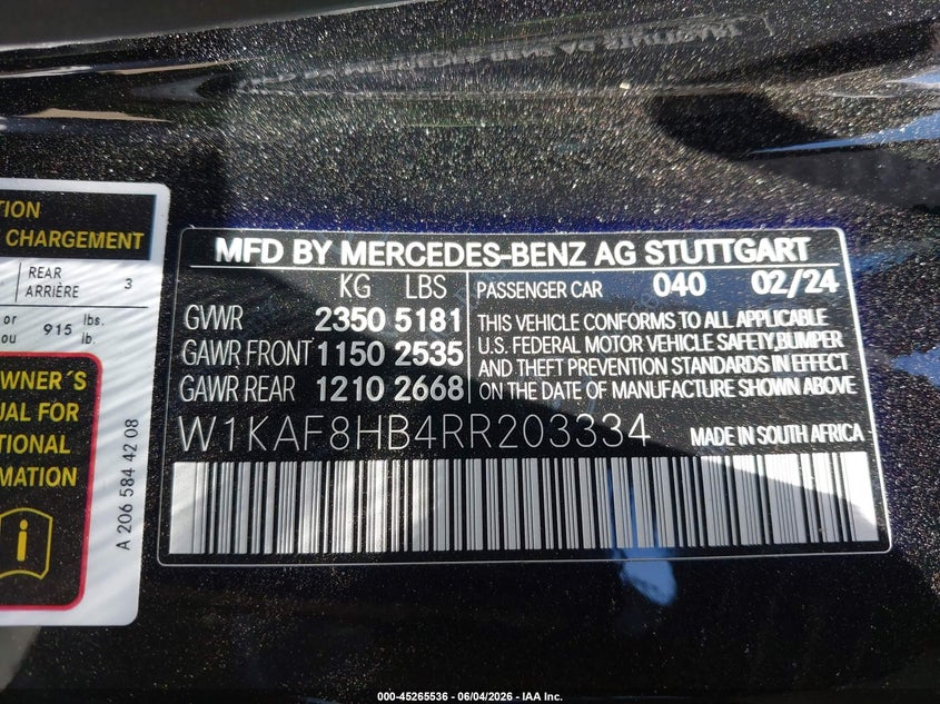 2024 Mercedes-benz VIN W1KAF8HB4RR203334 IAAI salvage auction — FRONT END, Salvage Title, sold $32,250 on 2026-07-06 (photo 9)