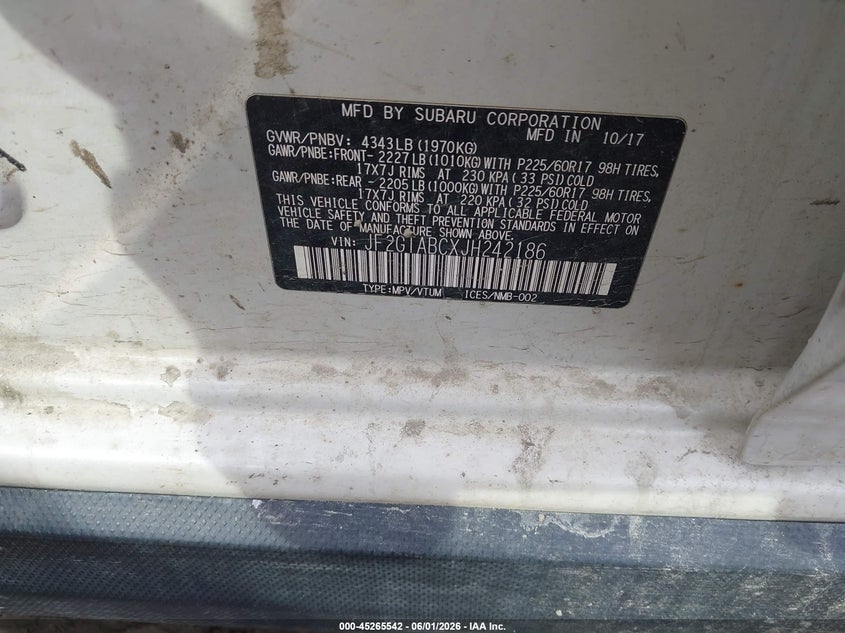 2018 Subaru VIN JF2GTABCXJH242186 IAAI salvage auction — FRONT END, Salvage Title, sold $2,150 on 2026-07-17 (photo 9)