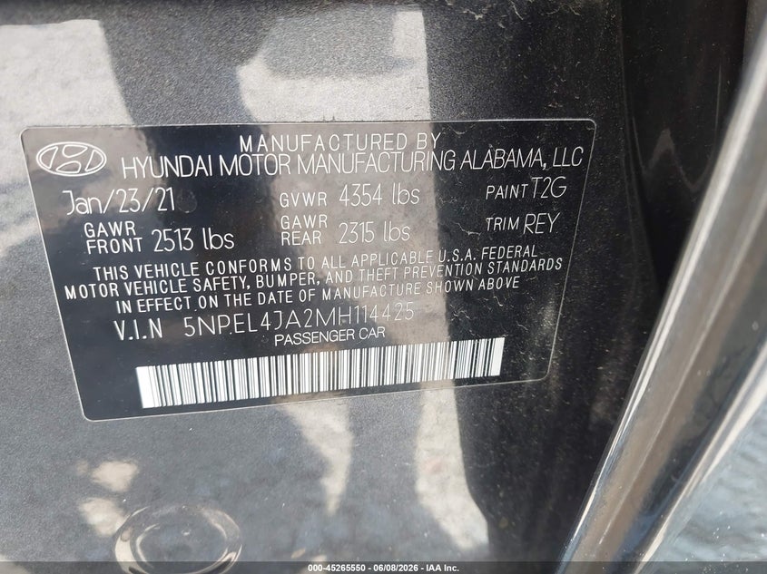 2021 Hyundai Sonata VIN 5NPEL4JA2MH114425 IAAI salvage auction — RIGHT FRONT, Salvage Title, sold $5,100 on 2026-07-14 (photo 9)