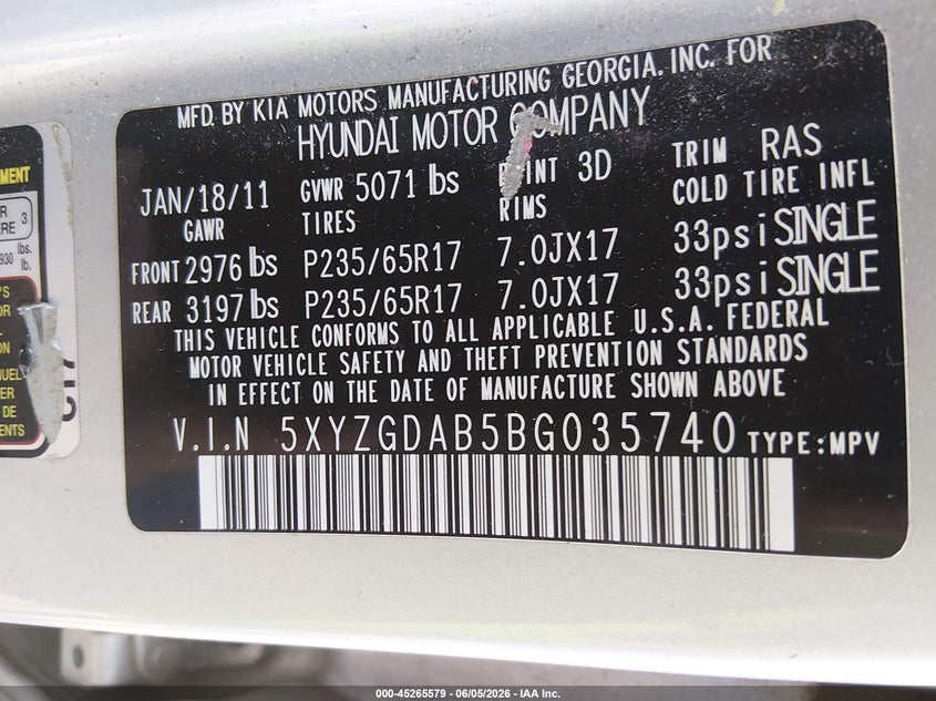 2011 Hyundai Santa fe VIN 5XYZGDAB5BG035740 IAAI salvage auction — LEFT FRONT, Salvage (South Carolina), sold $1,300 on 2026-07-19 (photo 9)