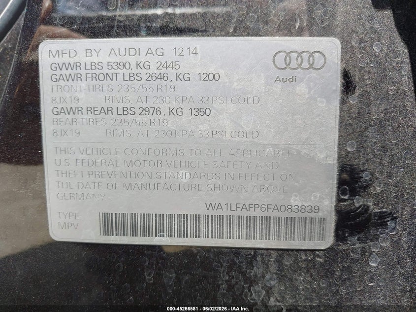 2015 Audi Q5 VIN WA1LFAFP6FA083839 IAAI salvage auction — FRONT END, Salvage Title, sold $1,200 on 2026-07-22 (photo 9)
