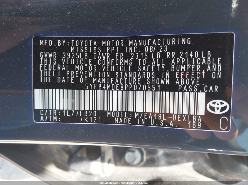 2023 Toyota Corolla VIN 5YFB4MDE8PP070551 IAAI salvage auction — HAIL, Salvage Title, sold $10,250 on 2026-07-08 (photo 9)