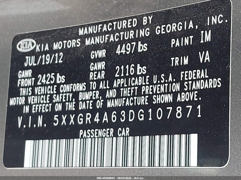 2013 Kia Optima VIN 5XXGR4A63DG107871 IAAI salvage auction — FRONT END, Original (Texas), sold $700 on 2026-07-14 (photo 9)