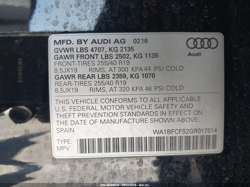 2016 Audi Q3 VIN WA1BFCFS2GR017514 IAAI salvage auction — RIGHT FRONT, Salvage (Oregon), sold $5,150 on 2026-07-14 (photo 9)